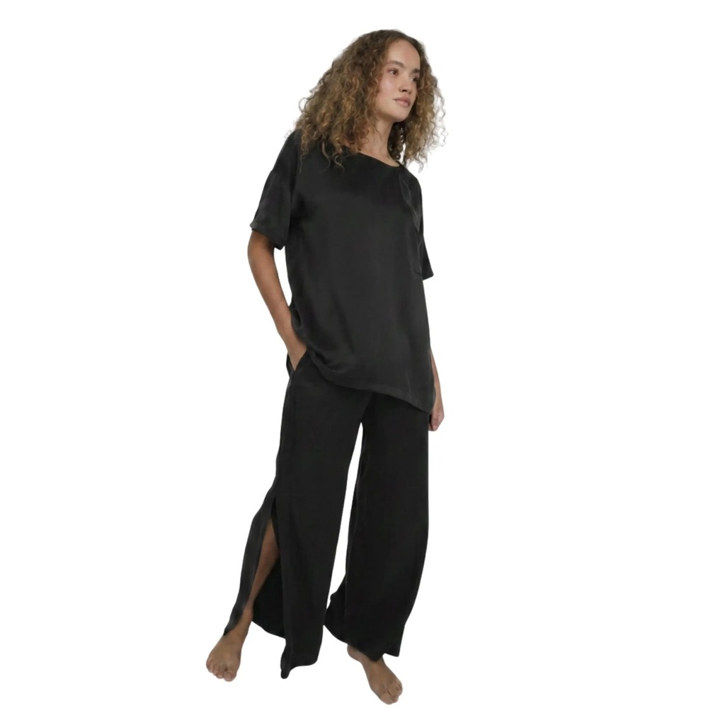 New Lunya Immersed Black Washable Silk Pajama Pant Side Slit Large New